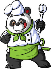 a cartoon panda wearing a chef's outfit, posing while holding a ladle