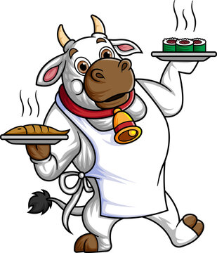 a funny cartoon cow working as a waiter, carrying two plates of fast food