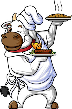 a chubby cartoon cow working as a professional chef, carrying two plates of hot food
