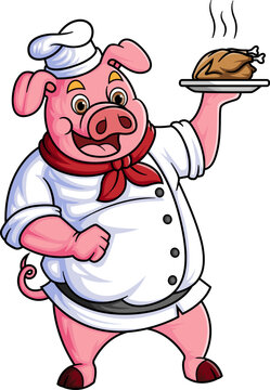 a chubby cartoon pig working as a professional chef, carrying a plate of fried chicken