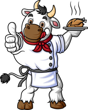 a cartoon cow smiling, wearing a chef's outfit, and posing with a thumbs up