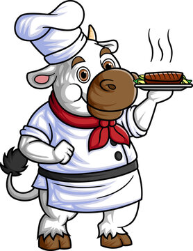 a cute cartoon cow smiling, wearing a chef's outfit