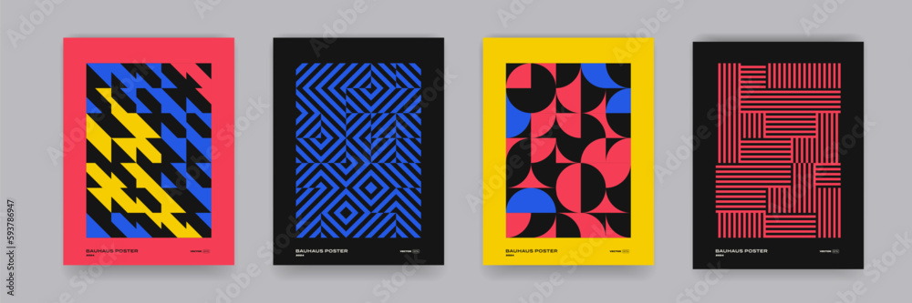 Poster Retro geometric pattern background, vector abstract circle, triangle and square lines art. Trendy colorful bauhaus pattern backgrounds op-art set