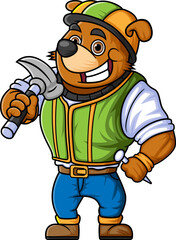 the character of a dog working as a contractor is posing holding a hammer and nails