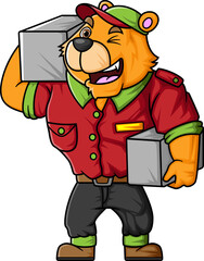 the character of a big tiger wears a worker's uniform costume working as a package delivery worker