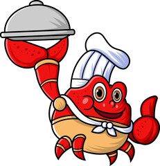 the mascot character of a cute crab works as a professional chef was carrying a plate