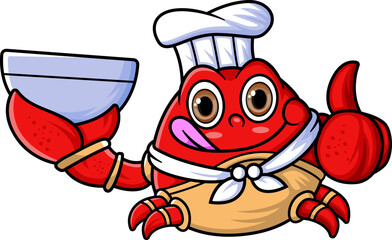 the mascot character of a cute crab works as a professional chef was carrying a bowl of soup and giving a thumbs up
