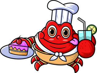 the mascot character of a cute crab works as a professional chef was carrying a plate of cakes and fresh drinks