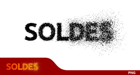 Titre "SOLDES" qui se décompose en milliers de petites particules - fond transparent - rendu 3D