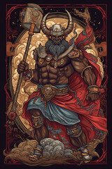 Fantastic very powerful and muscular African god or warrior yielding an axe and wearing tribal clothes - Made using generative AI tools