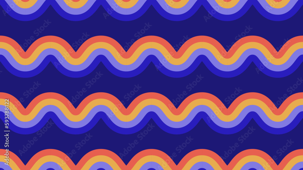 Poster Retro waves seamless pattern. Wavy stripes repeating background. Colorful curved and wrapped lines wallpaper in 60s, 70s, 80s style. Swatch design for textile and fabric. Vector illustration.
