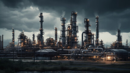 Industrial complex and oil refinery with smokestacks. Al generated