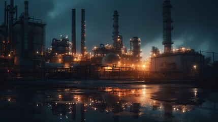 Plakat Industrial complex and oil refinery with smokestacks. Al generated