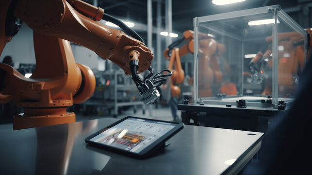 Modern industry 4.0. Robot concept. Engineers use tablet. Al generated