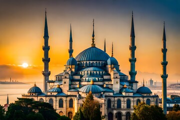 Fototapeta na wymiar Istanbul's Blue Mosque and Skyline Sultan Ahmed's Grand Ottoman Mosque