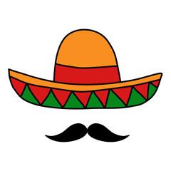 Mexican hat sombrero with moustache, doodle style vector