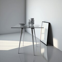 A minimalist glass table against a neutral beige wall, with a plain light gray background.