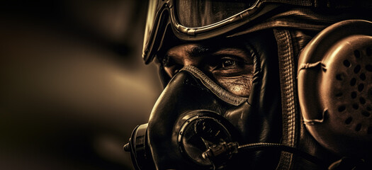 Fototapeta na wymiar Portrait of fighter pilot wearing helmet on dark background with copy space, digital ai art