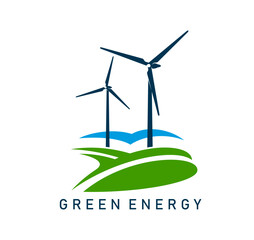 Wind turbine emblem. Green clean energy. Electricity production innovation sign, renewable power source generator tower or sustainable energy generation industry vector symbol with wind turbines © Vector Tradition