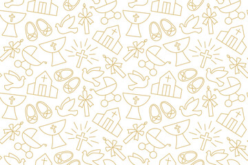 seamless pattern with christian baptism related icons: candle, dove, baby booties, pram, church and baptismal font - vector illustration - obrazy, fototapety, plakaty