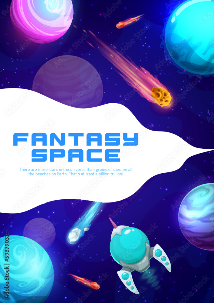 Aufkleber cartoon space landing page with galaxy landscape, planets and starship. business startup website vec