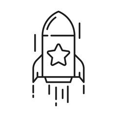 Star rocket startup with favorite star, prize reward special bonus outline icon. Vector flaming spacecraft on start, speed spaceship, beginning of sale