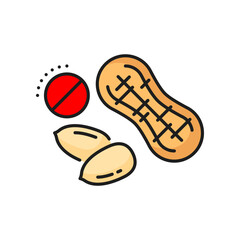 Peanut allergy color line icon. Food product allergy, nutrition ingredient intolerance line vector pictogram. Nut allergen or allergic diet prohibition, caution simple icon or sign with peeled peanuts