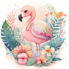 Cute flamingo in watercolor styles created with generative Ai technology