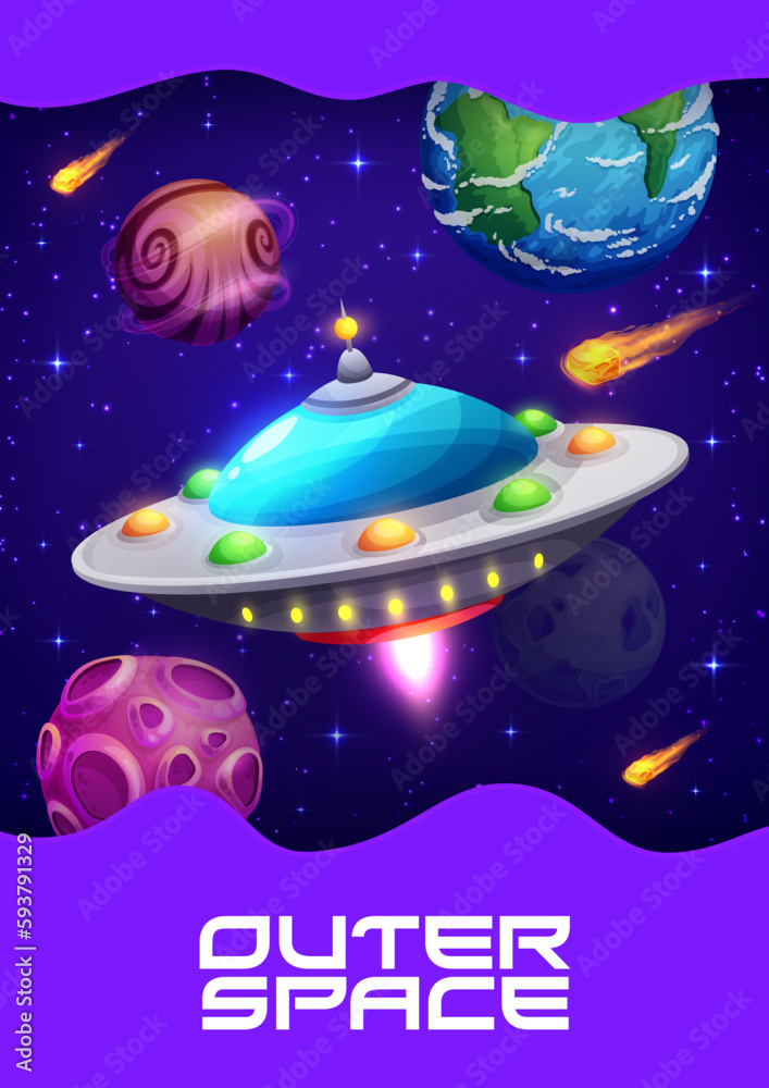Poster space poster with ufo and galaxy planets, vector astronomy science and future technology. cartoon un