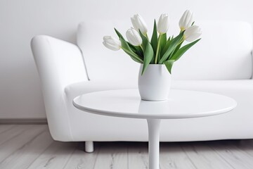 minimalistic white table with a simple vase of flowers as centerpiece. Generative AI