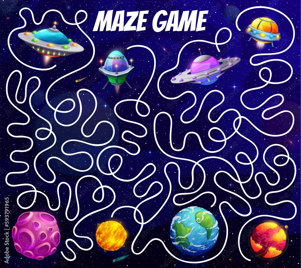 Poster kids galaxy labyrinth maze. help to ufo find a space planet between fantasy universe stars vector ga