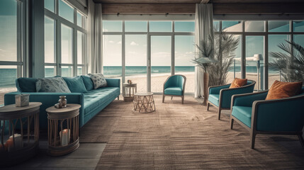 Atmospheric interior of a beach lounge with a view of the sea and sunset. Al generated