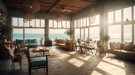 Fototapeta premium Atmospheric interior of a beach lounge with a view of the sea and sunset. Al generated