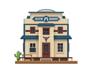 Western Wild West, gun shop building in Texas, vector country town wooden architecture. American Wild West country shop of cowboy guns and shotguns, Western building with longhorn skull signage