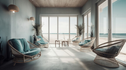 Atmospheric interior of a beach lounge with a view of the sea and sunset. Al generated