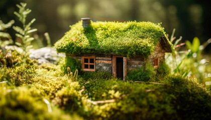 Fototapeta na wymiar Eco house. Green and environmentally friendly housing concept. Miniature wooden house in spring grass, moss and ferns on a sunny day