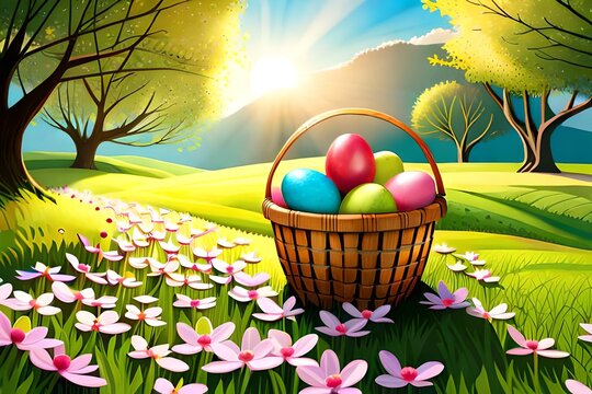 Sunny Easter Orchard: Painted Eggs in Grass Basket