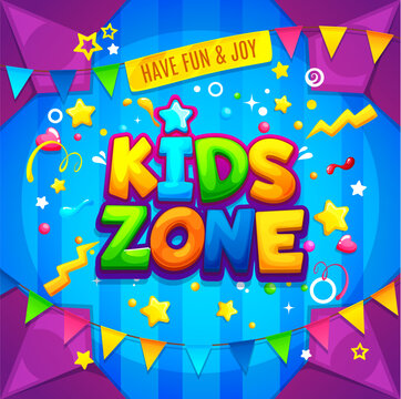 Kids zone background, child fun play and game area, vector banner with cartoon text. Kids zone or playground room and children park sign for baby birthday party or playroom area poster with confetti