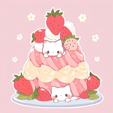 Cute kawaii cats playing in strawberry jelly. Generative AI © Adventine Designs