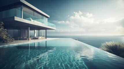 Luxury residential minimalist villa with pool and ocean. Al generated