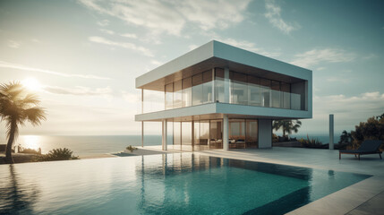 Fototapeta na wymiar Luxury residential minimalist villa with pool and ocean. Al generated