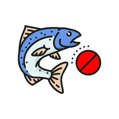 Seafood and fish product allergy color line icon. Nutrition ingredient prohibition, food intolerance or allergy vector icon. Food product allergen outline sign or pictogram with salmon or trout fish