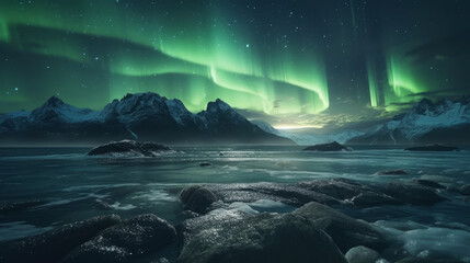 Fototapeta na wymiar Magnificent aurora realism over arctic rocky seascape. Realistic illustration. Al generated