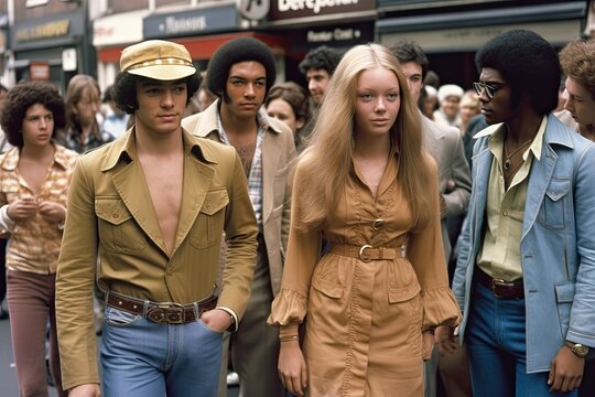 Vintage picture of a young stylish people walking in a city street in 1974. Generative AI
