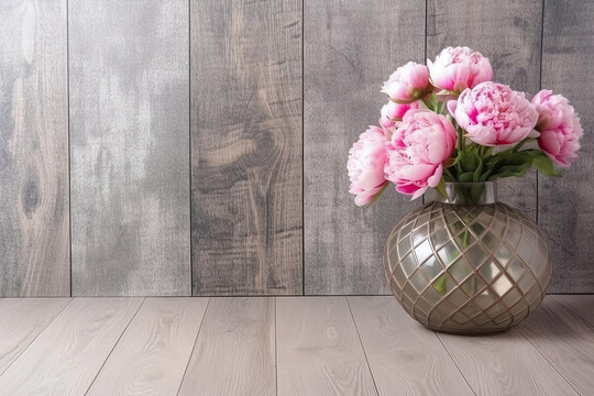 Bouquet of pink peony flowers in round vase on grey rustic background with copy space. Made with generative AI