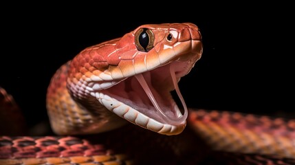 A close-up of a corn snake, its head lifted and tongue flicking out - obrazy, fototapety, plakaty