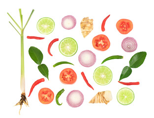 Herbs and vegetables are used to make Tom Yum soup on tranparent background.