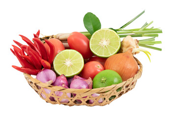 Herbs and vegetables are used to make Tom Yum soup on tranparent background.