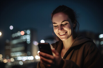 Young smiling woman surfing browser on smartphone in bed during midnight. Generative ai