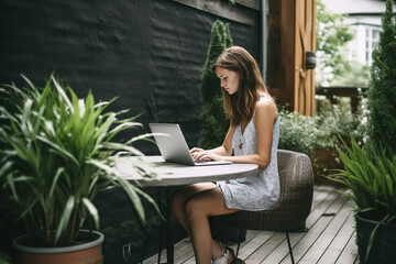 Young woman is working remotely on laptop outdoor in garden. Generative ai